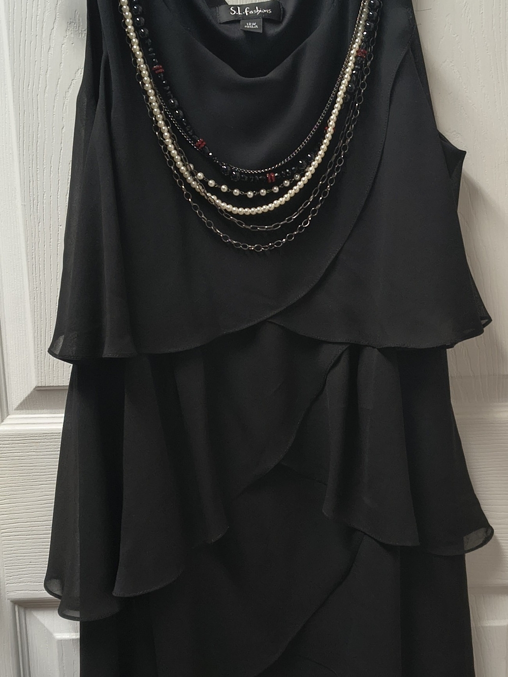 SL Fashions Black Layered Dress with Built-In Multi-Strand Necklace